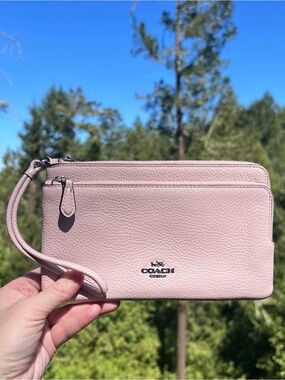 COACH Double Zip Wristlet Wallet Pink Pebble Leather with Silver Hardware